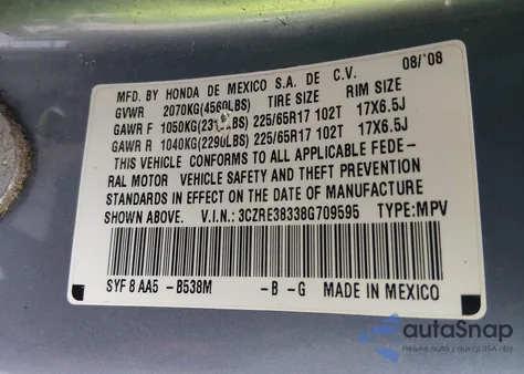 2008 Honda Cr-V Lx from USA, damaged, VIN 3CZRE38338G709595